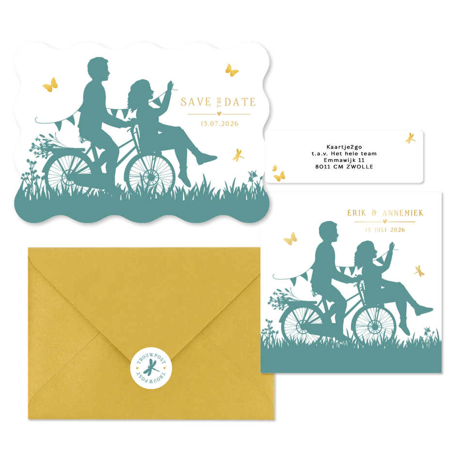 Trouwset silhouet van koppel op de fiets