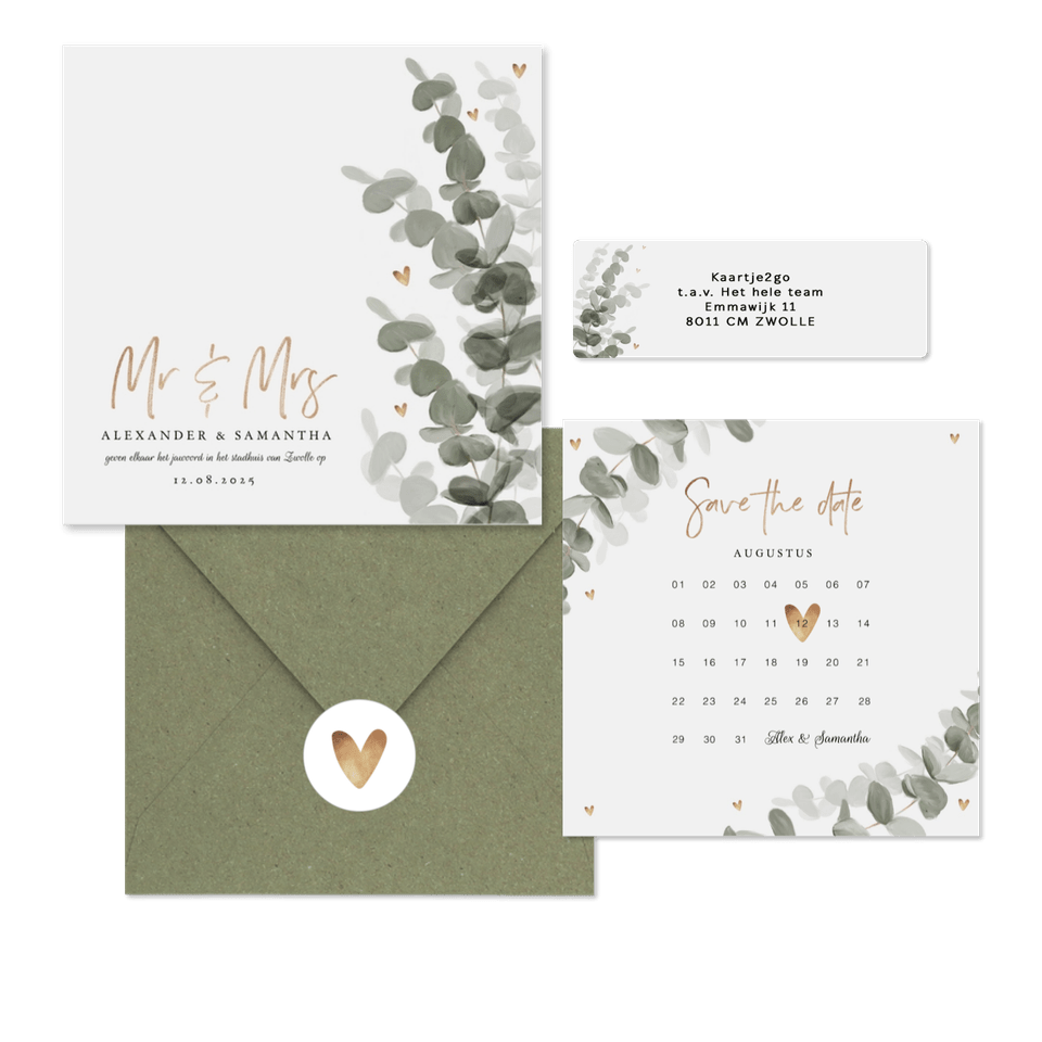 Botanische trouwset eucalyptus met goud