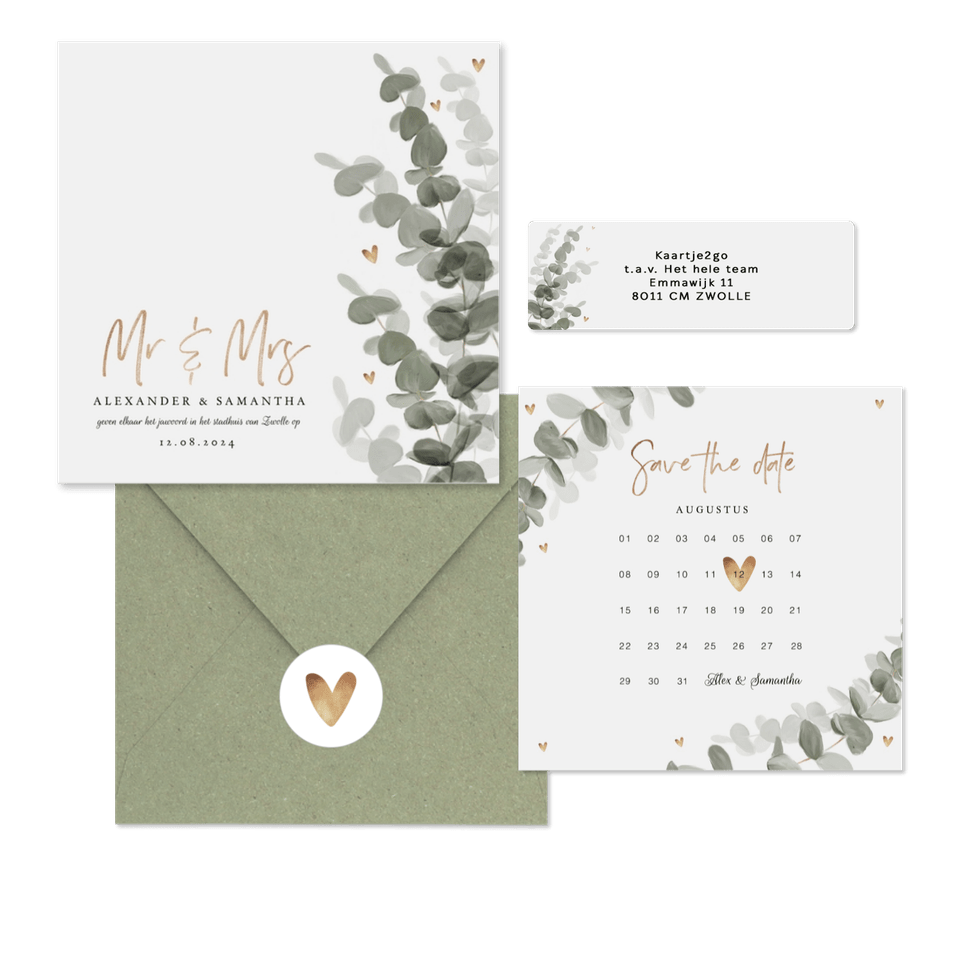 Botanische trouwset eucalyptus met goud