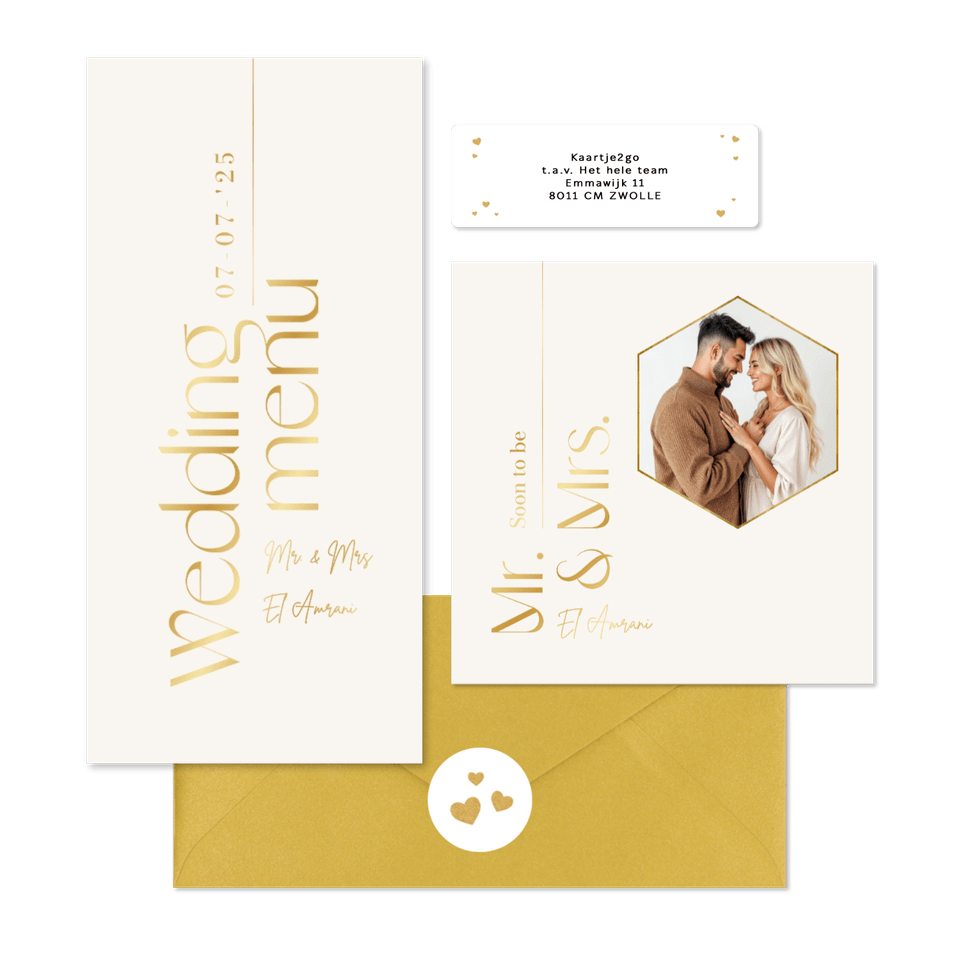 Trouwkaarten set tijdloos stijlvol goud typografisch