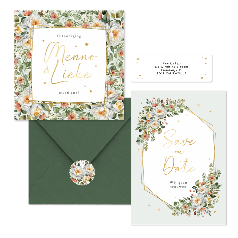 Trouwkaarten romantisch stijlvol bloemen klassiek boeket hartjes