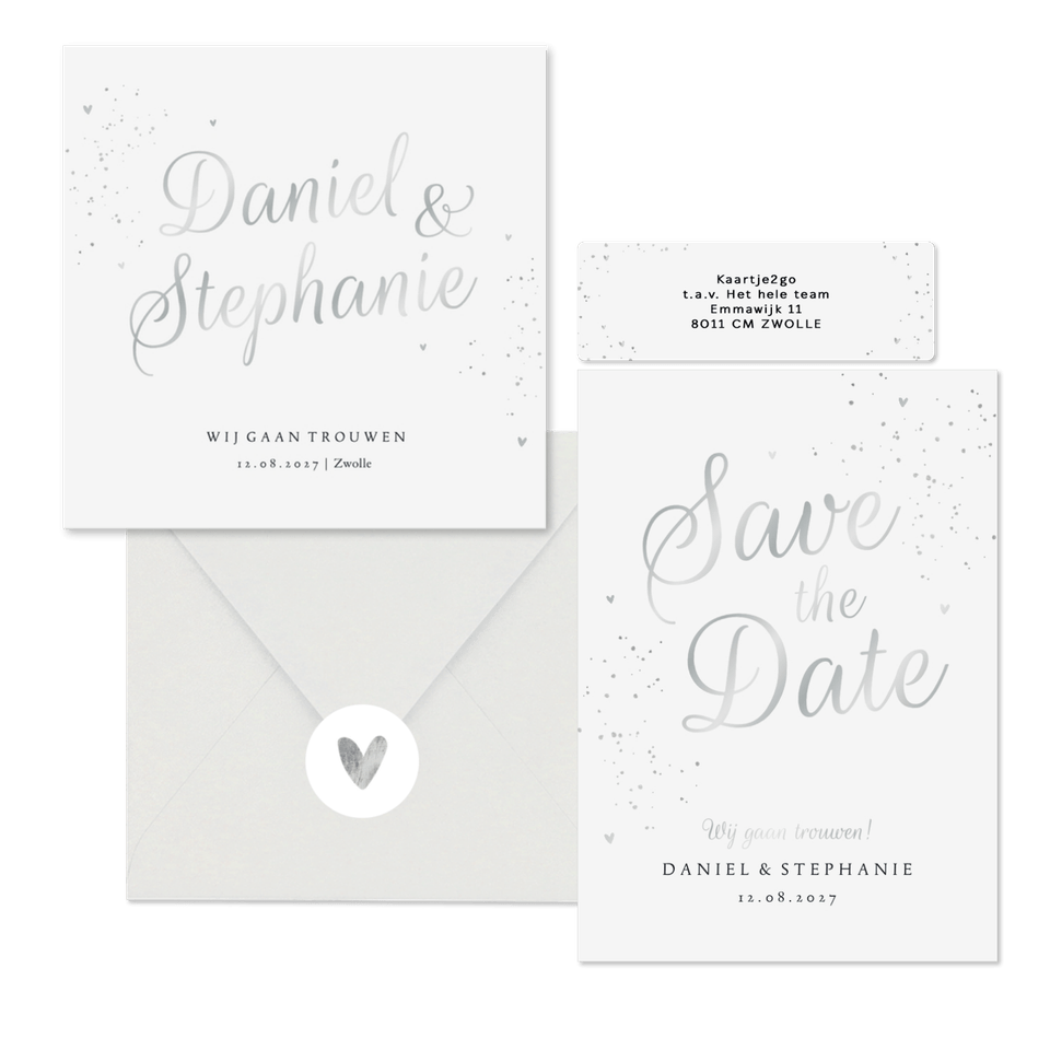 Klassieke trouwkaarten zilver spetters hartjes