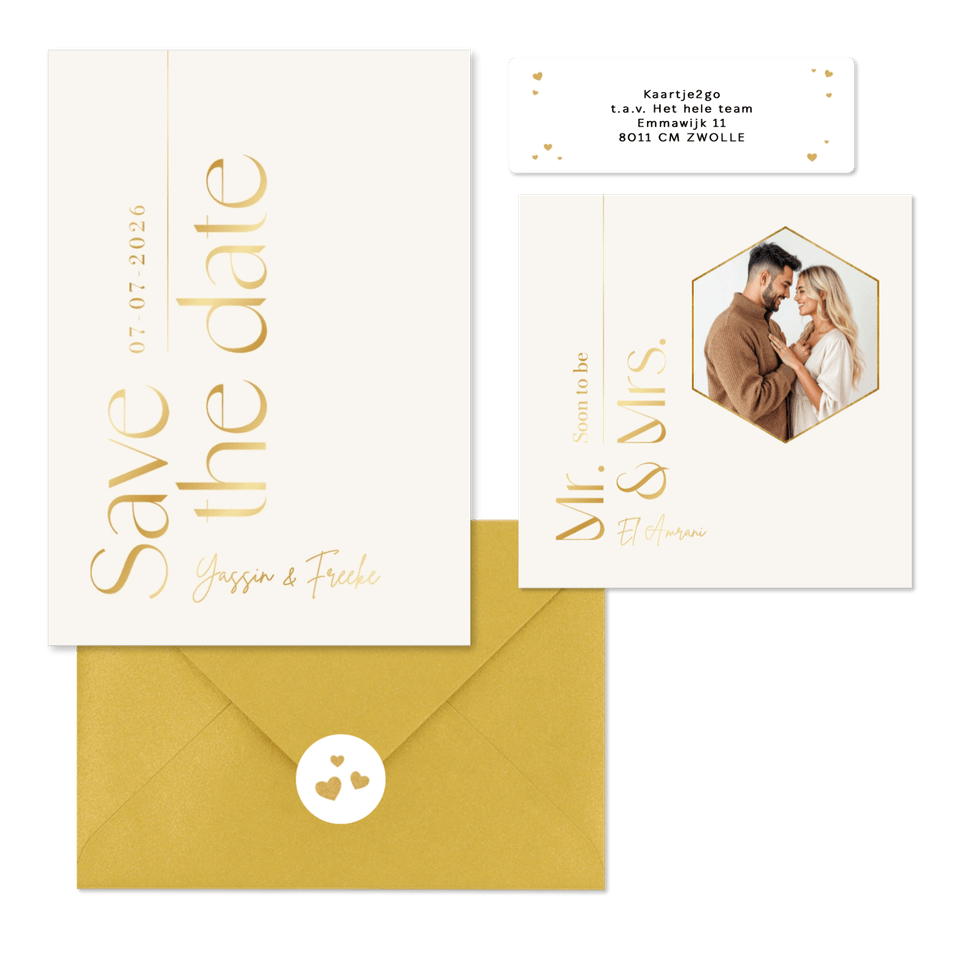 Trouwkaarten set tijdloos stijlvol goud typografisch