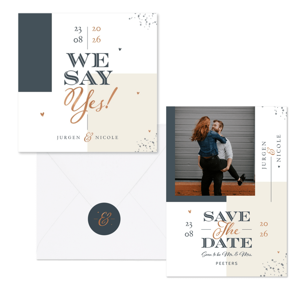 Moderne trouwset met grafische vlakverdeling