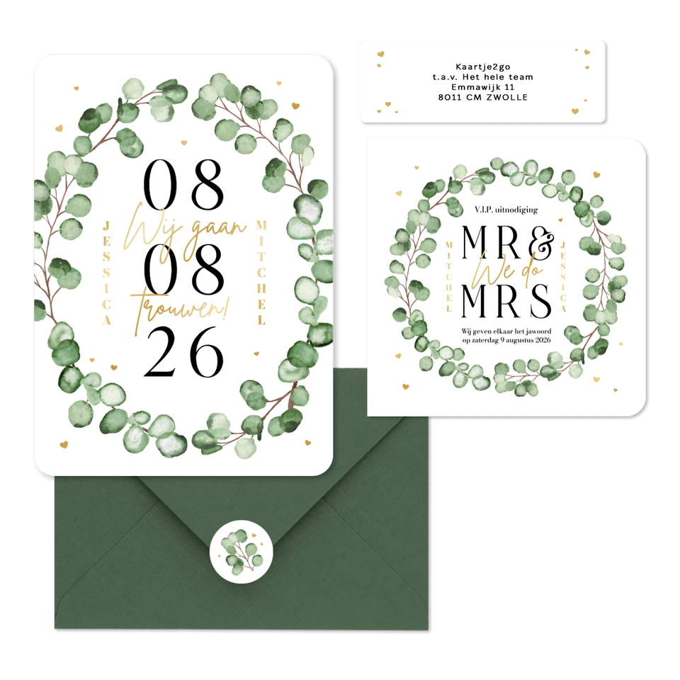 Trouwkaarten set eucalyptus stijlvol hip modern hartjes goud romantisch