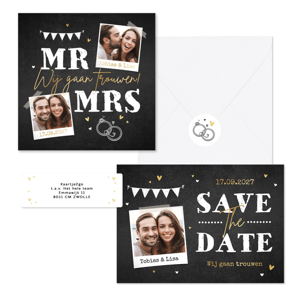 Trouwkaartenset krijtbord stoer goud foto's