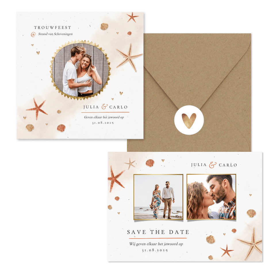 Trouwset strand met schelpen en zeesterren