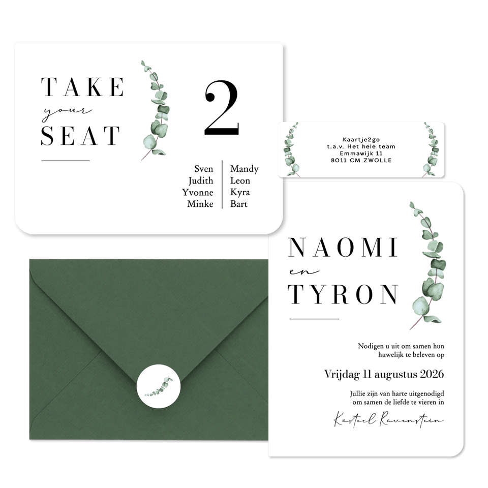 Trouwkaarten set klassiek stijlvol eucalyptus waterverf grafisch