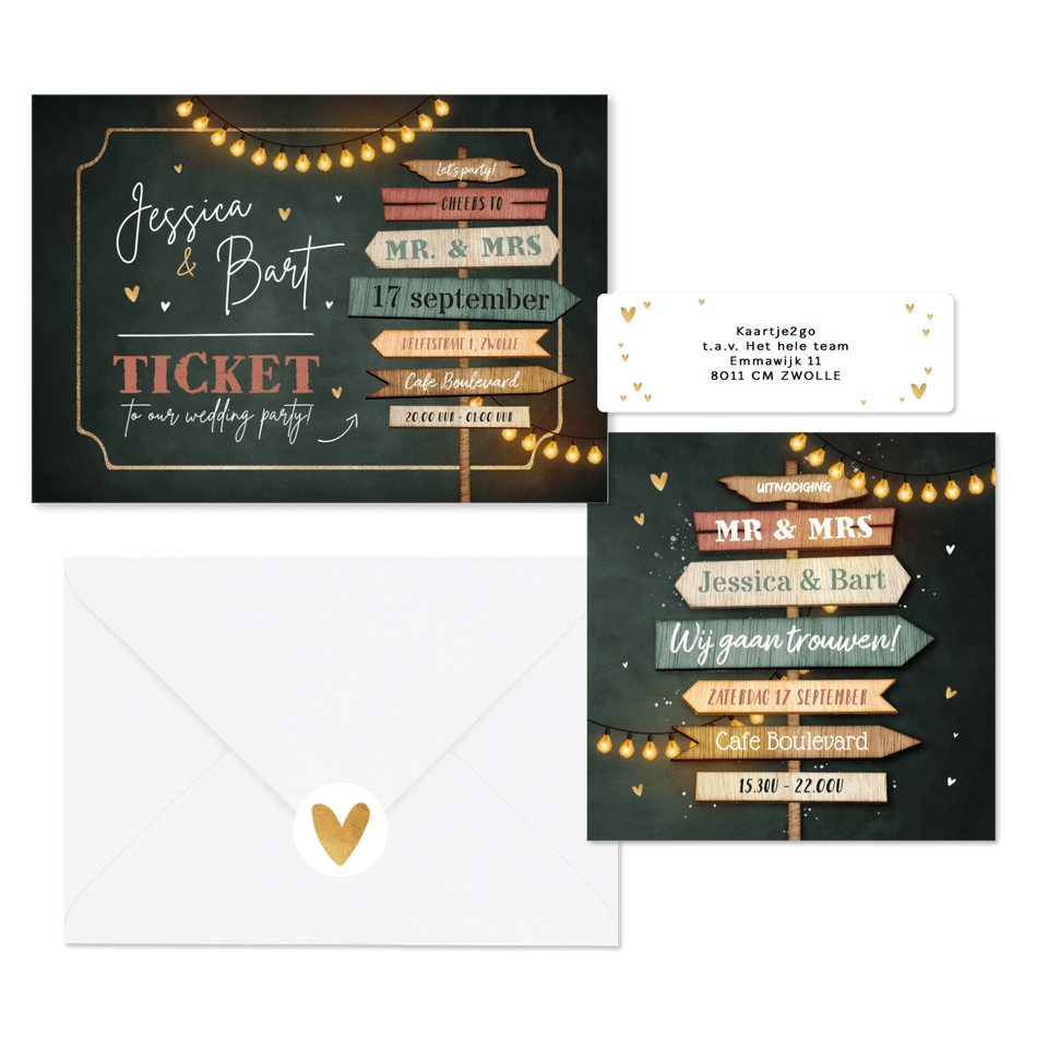 Trouwkaarten set festival wegwijzers hout lampjes