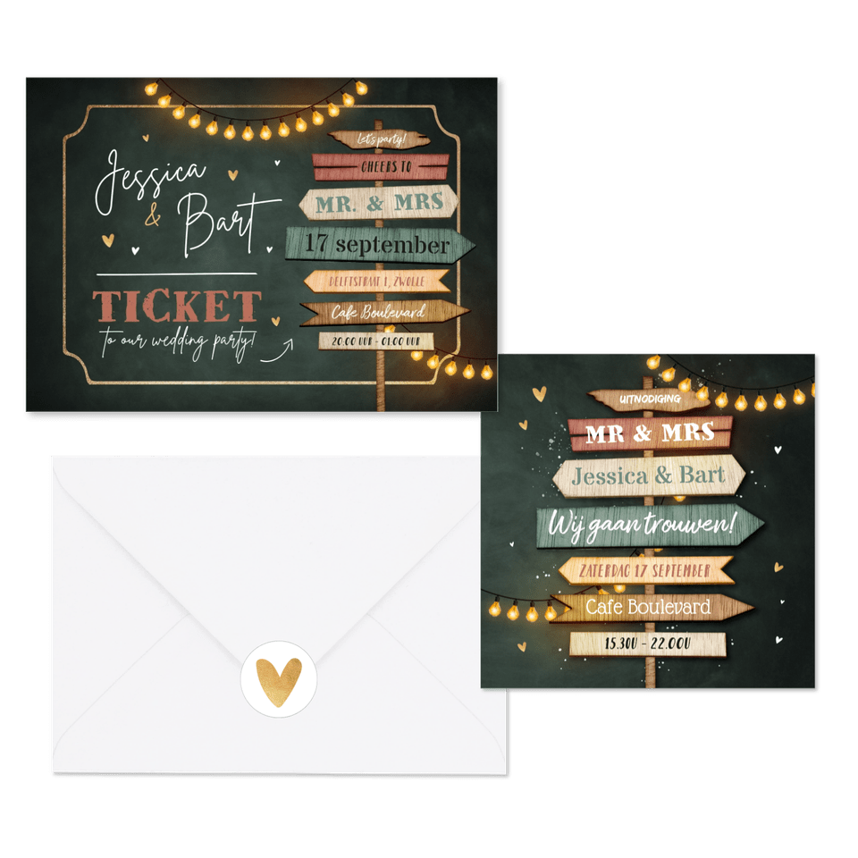 Trouwkaarten set festival wegwijzers hout lampjes