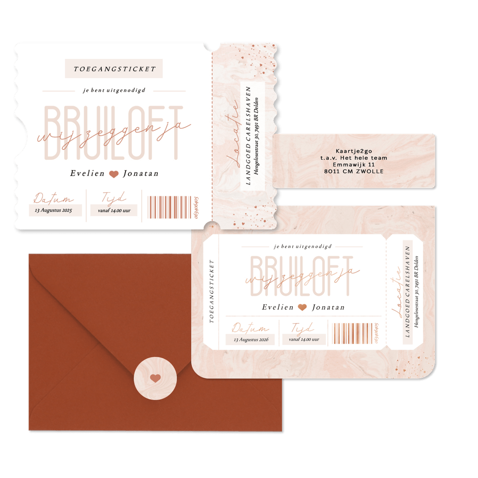 Trouwkaarten set met tickets op roze marmer