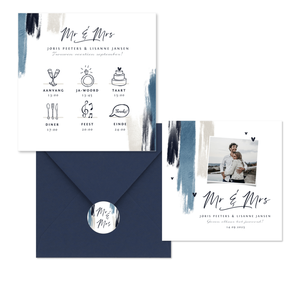 Trouwkaarten set met blauwe verf en hartjes