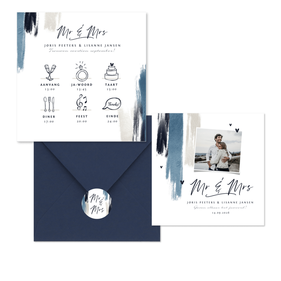 Trouwkaarten set met blauwe verf en hartjes