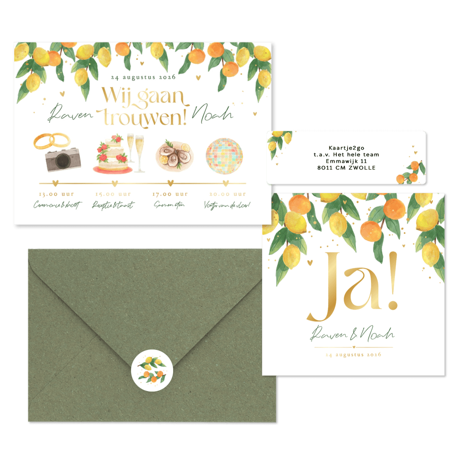 Trouwkaarten mediterrane zomer citroenen mandarijnen fris waterverf goud