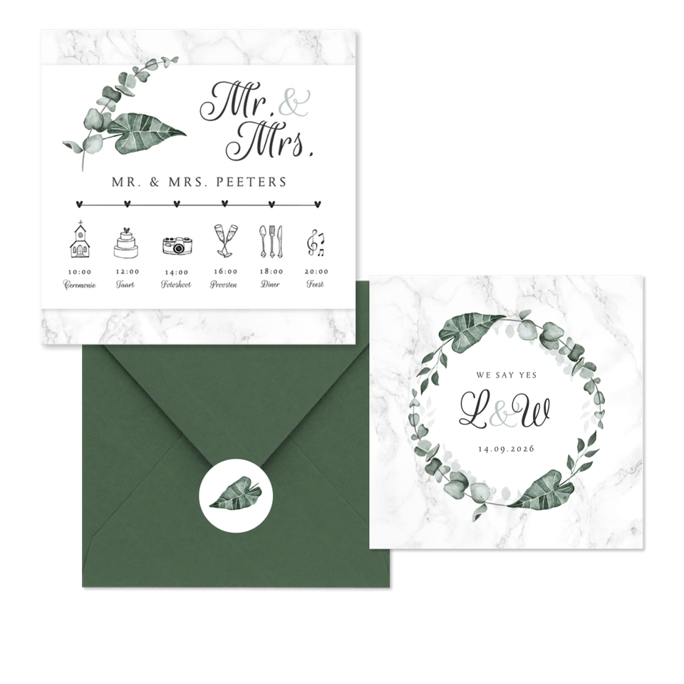 Trouwkaarten marmer en eucalyptus bladeren