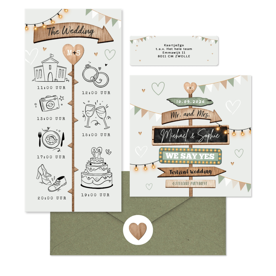 Festival thema trouwset met houten wegwijzers