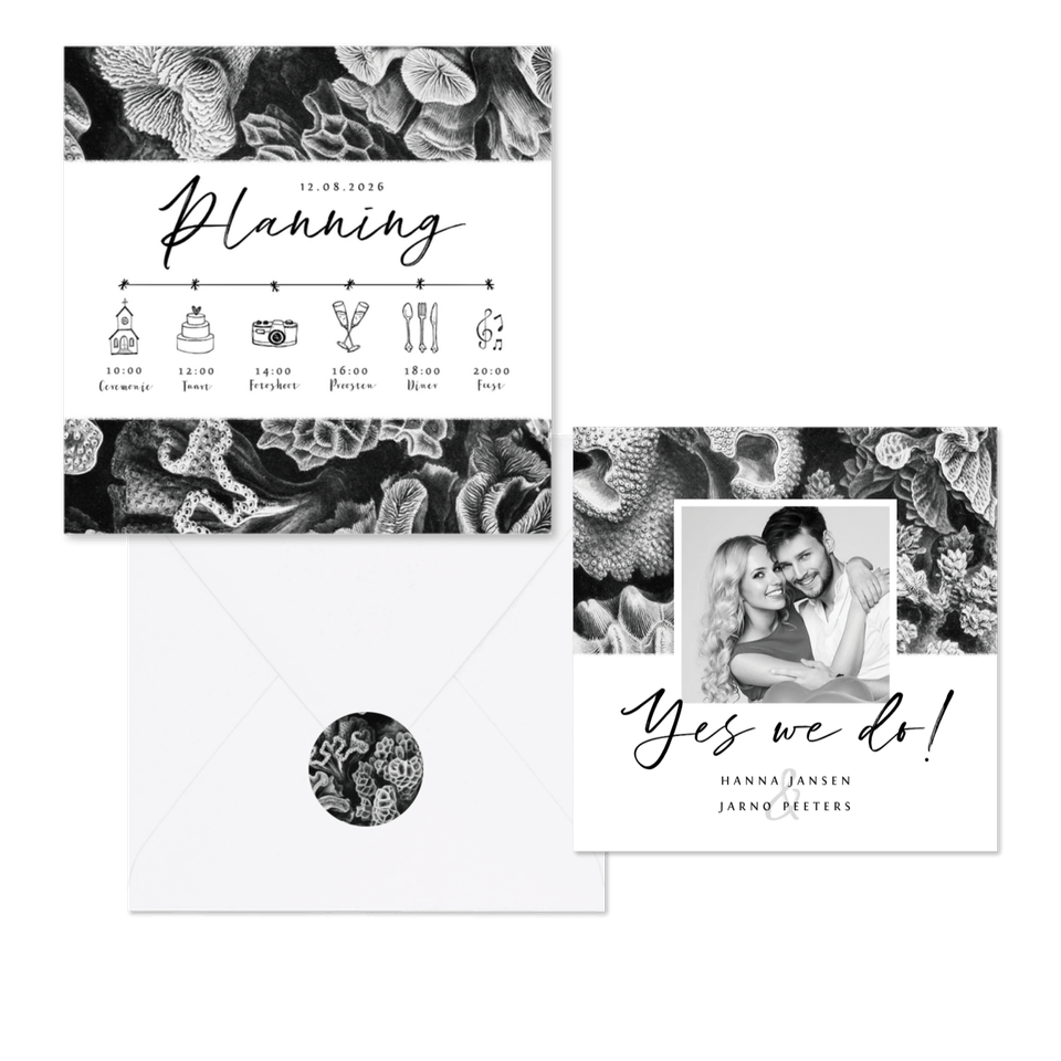 Trouwset zwart wit met koraal illustraties