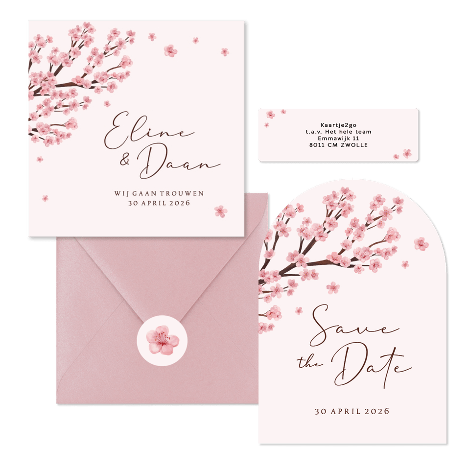 Trouwkaarten set kersenbloesem lente romantisch
