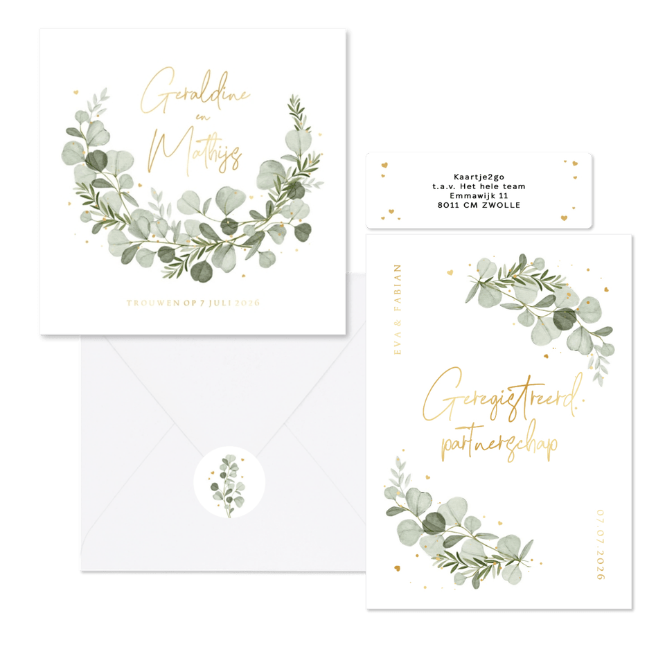 Eucalyptus trouwset goud hartjes spetters