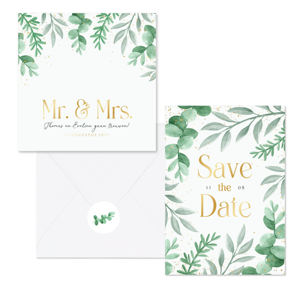 Trouwset eucalyptus bladeren goud hartjes