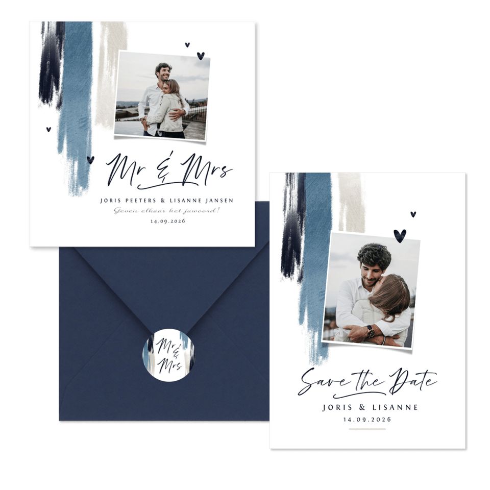 Trouwkaarten set met blauwe verf en hartjes