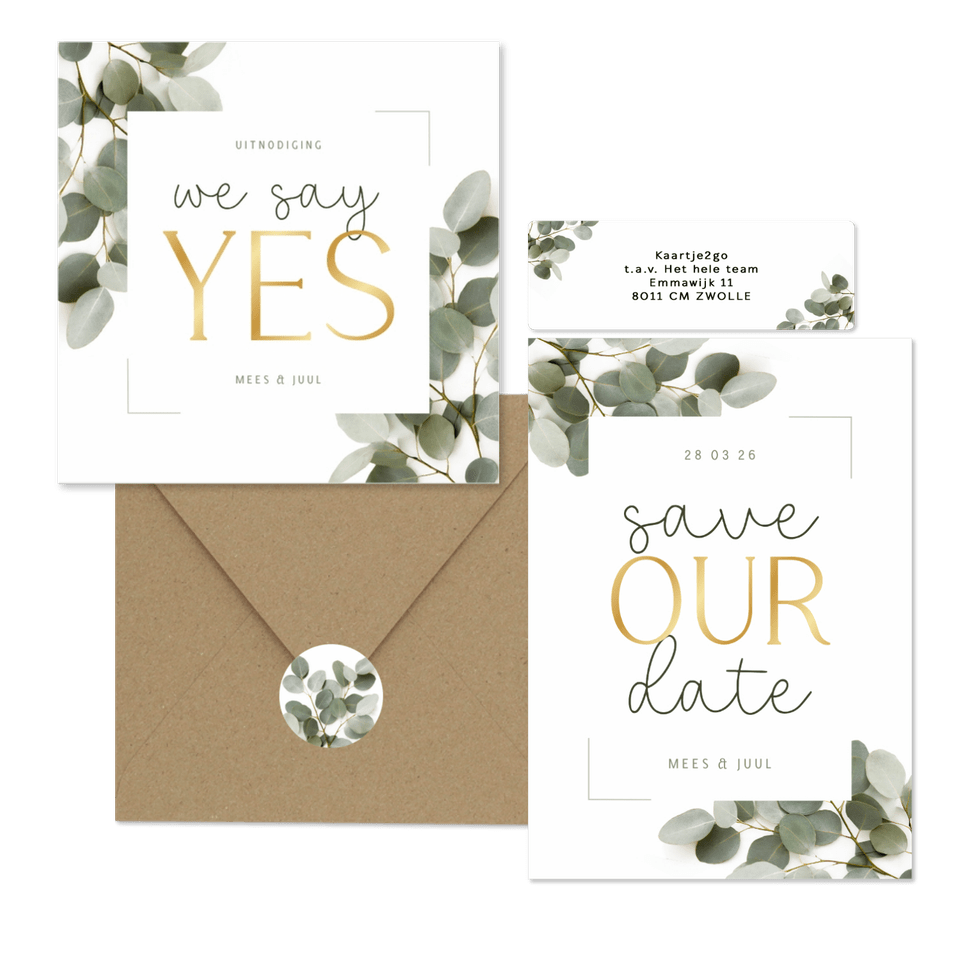 Trouwkaartenset eucalyptus met kader en goud