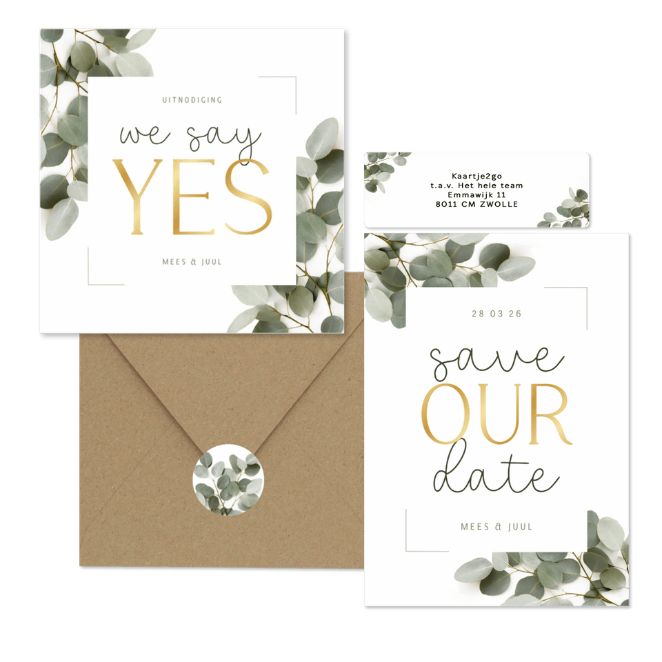 Trouwkaartenset eucalyptus met kader en goud