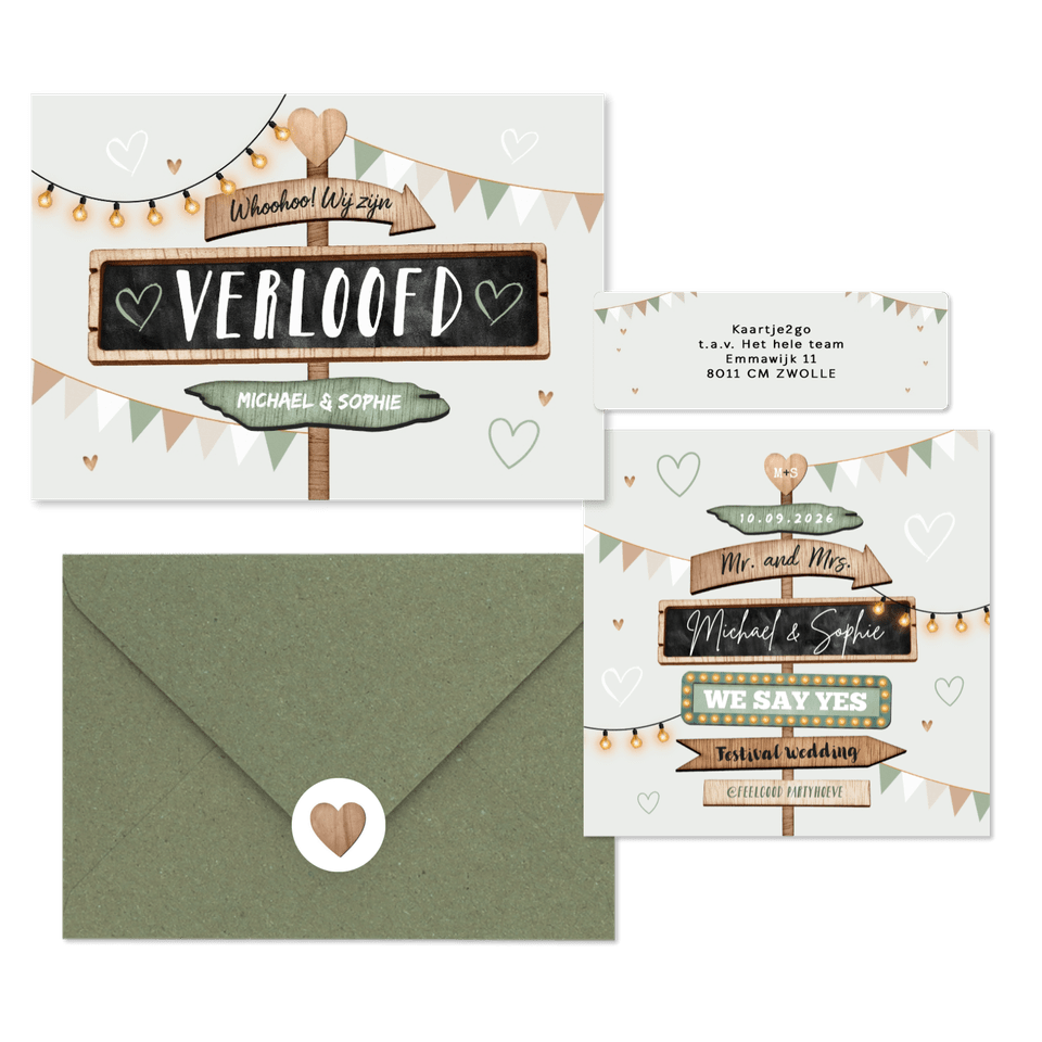 Festival thema trouwset met houten wegwijzers