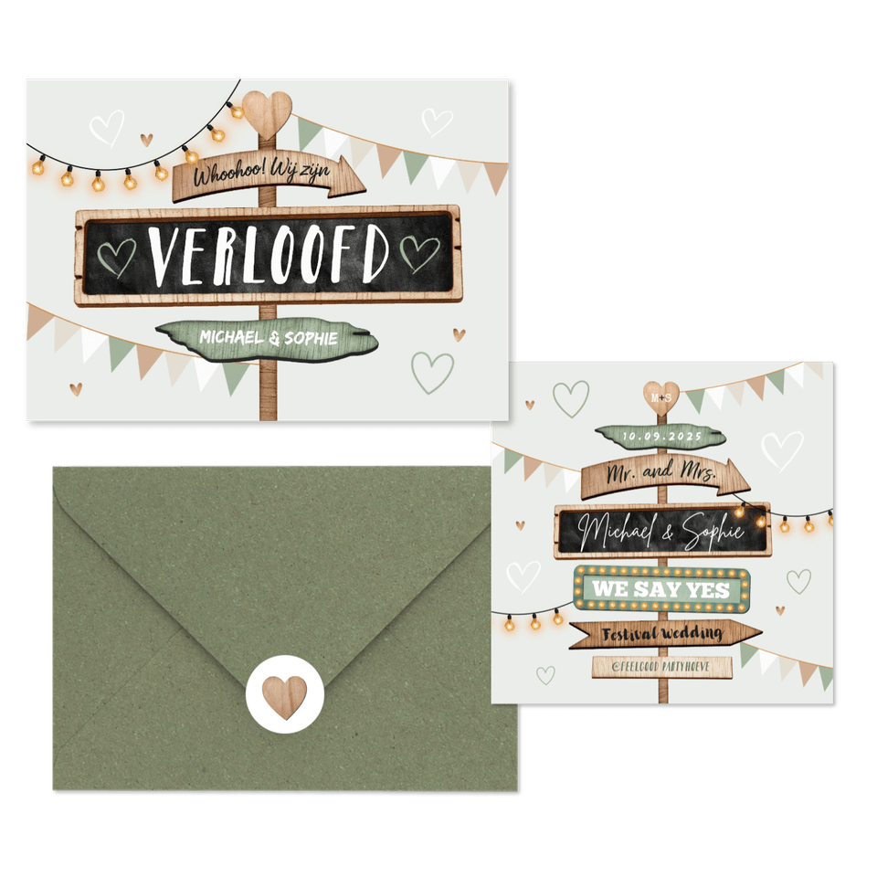 Festival thema trouwset met houten wegwijzers
