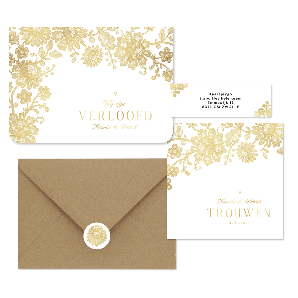 Trouwset klassiek vintage goud kant bloemen