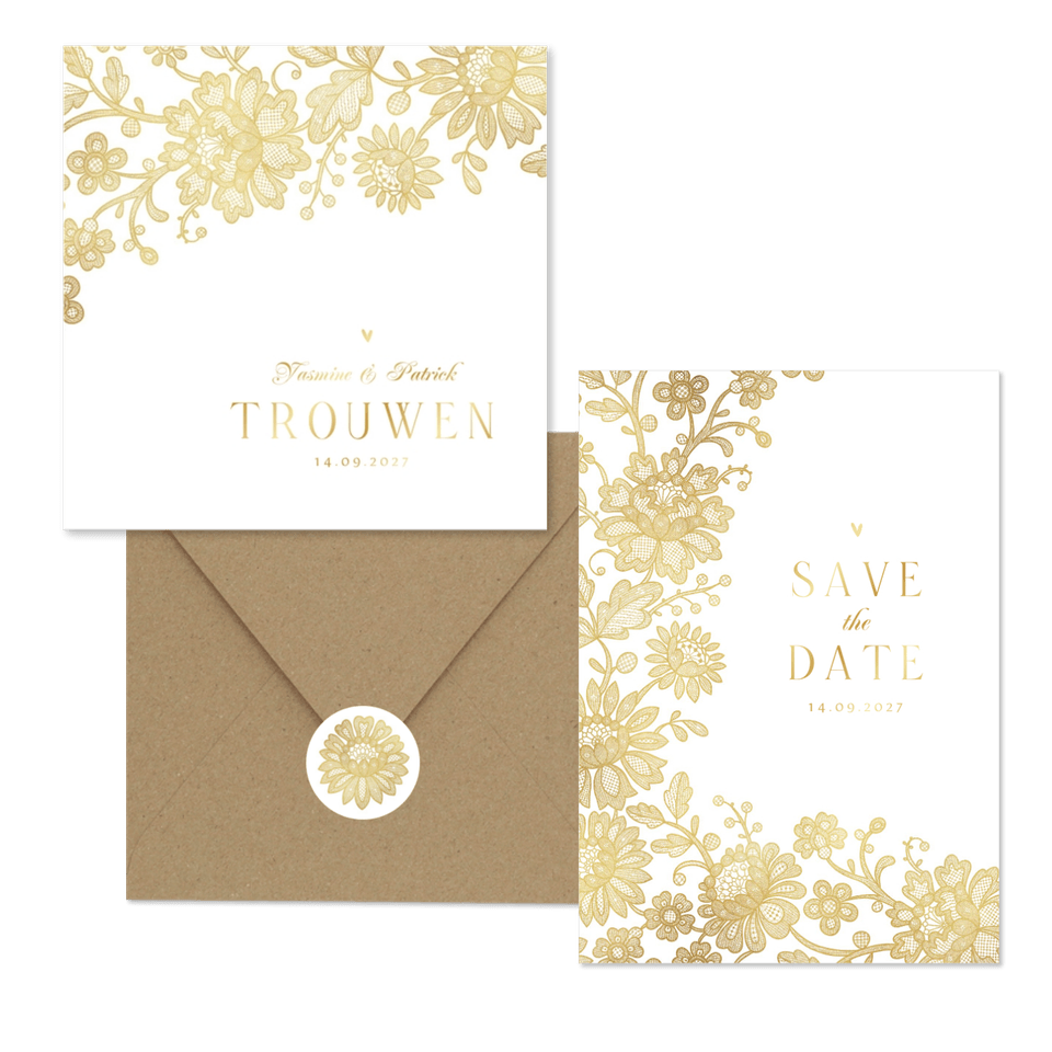 Trouwset klassiek vintage goud kant bloemen