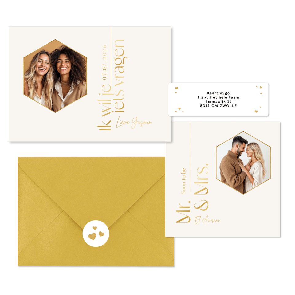 Trouwkaarten set tijdloos stijlvol goud typografisch