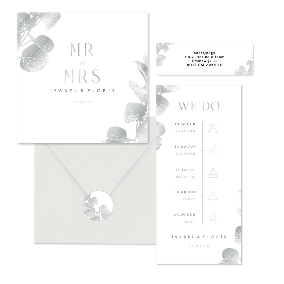 Trouwset met zilveren eucalyptustak 