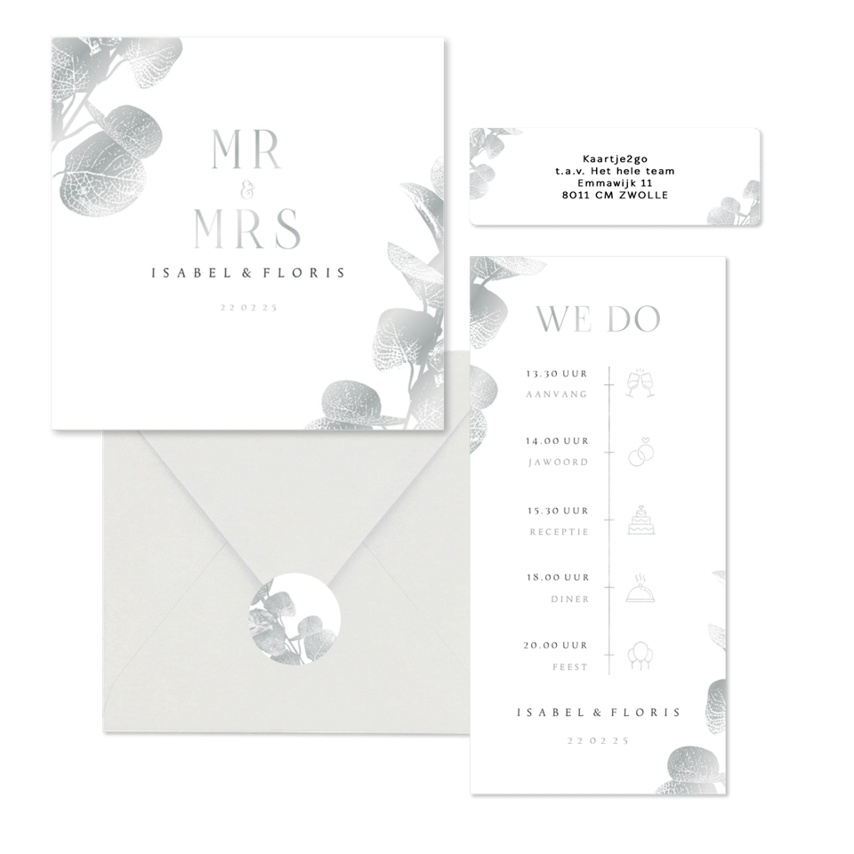 Trouwset met zilveren eucalyptustak 