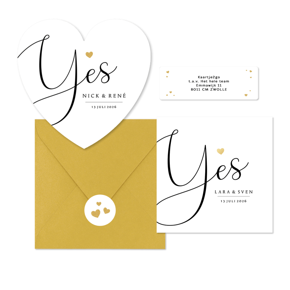 Trouwkaarten set stijlvol gouden hartje