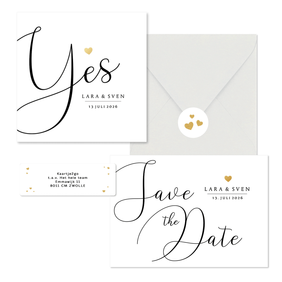 Trouwkaarten set stijlvol gouden hartje