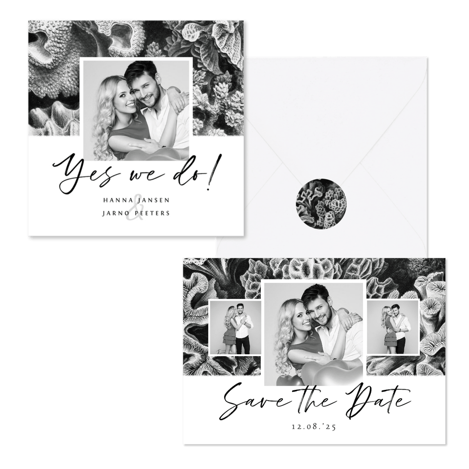 Trouwset zwart wit met koraal illustraties