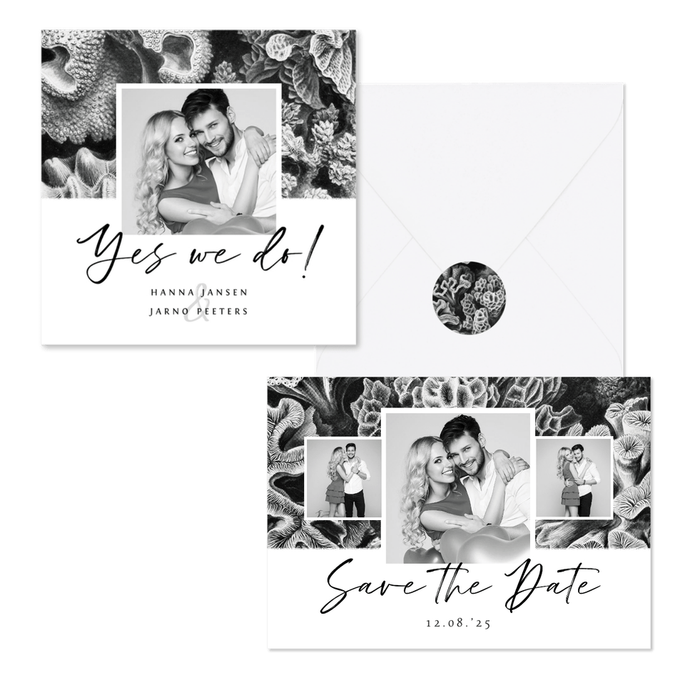 Trouwset zwart wit met koraal illustraties