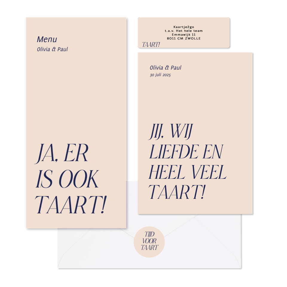 Trouwset typografisch grappig liefde en taart