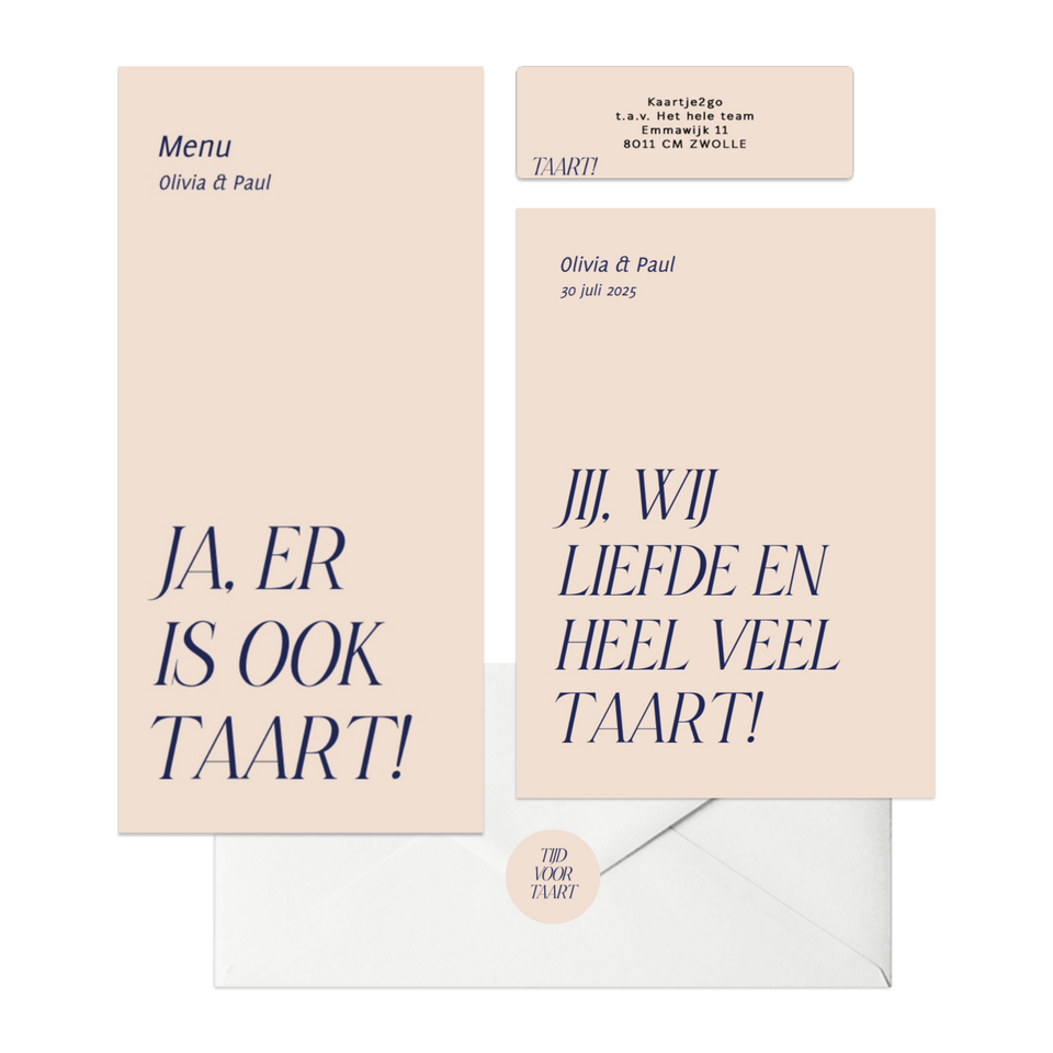 Trouwset typografisch grappig liefde en taart