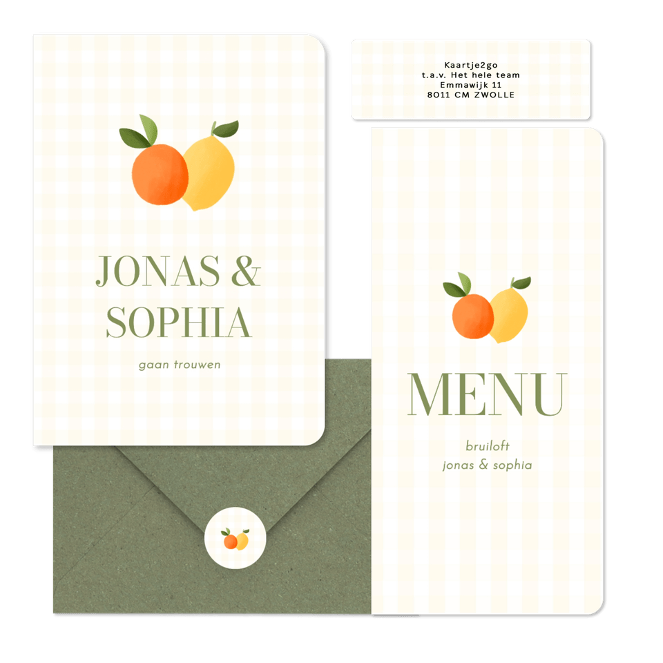 Trouwen geel ruitjespatroon met citroen en mandarijn