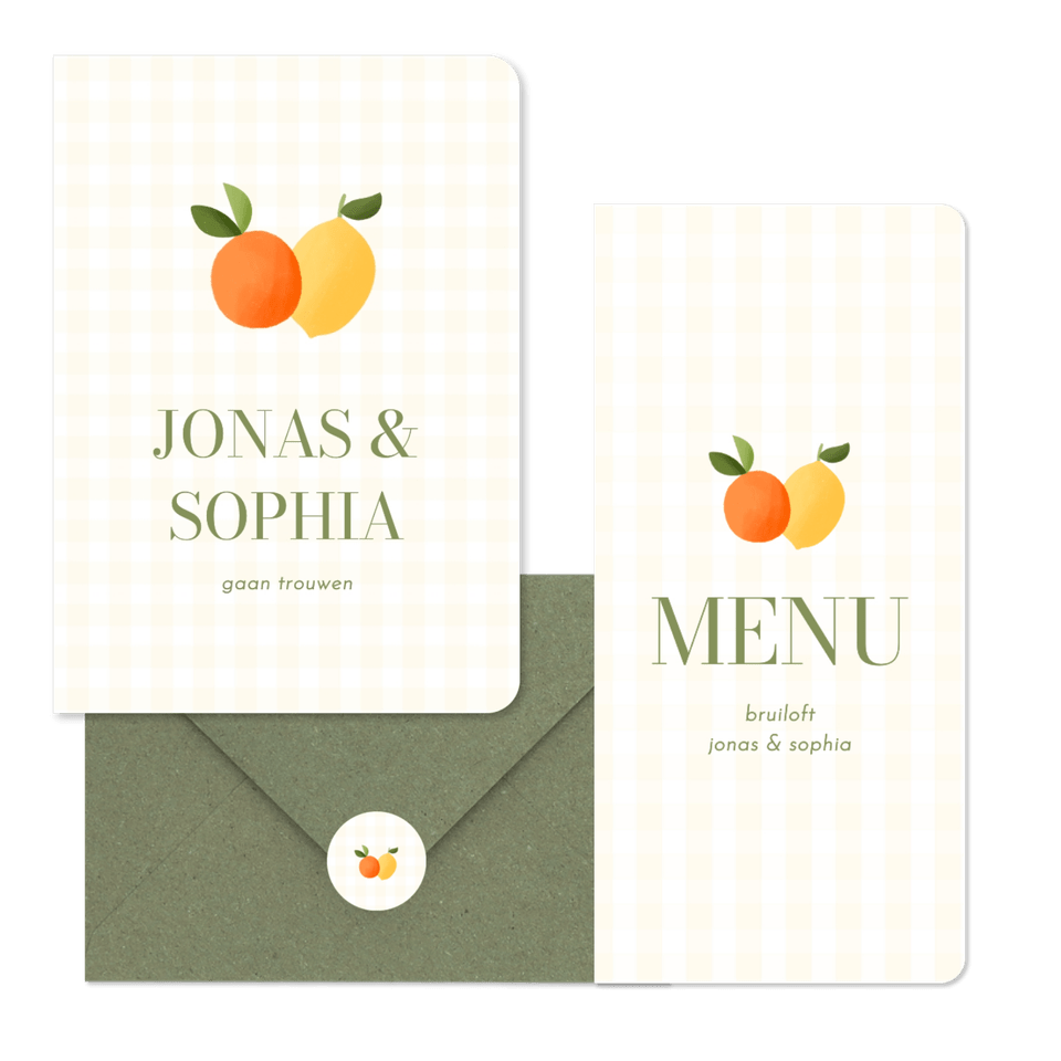 Trouwen geel ruitjespatroon met citroen en mandarijn