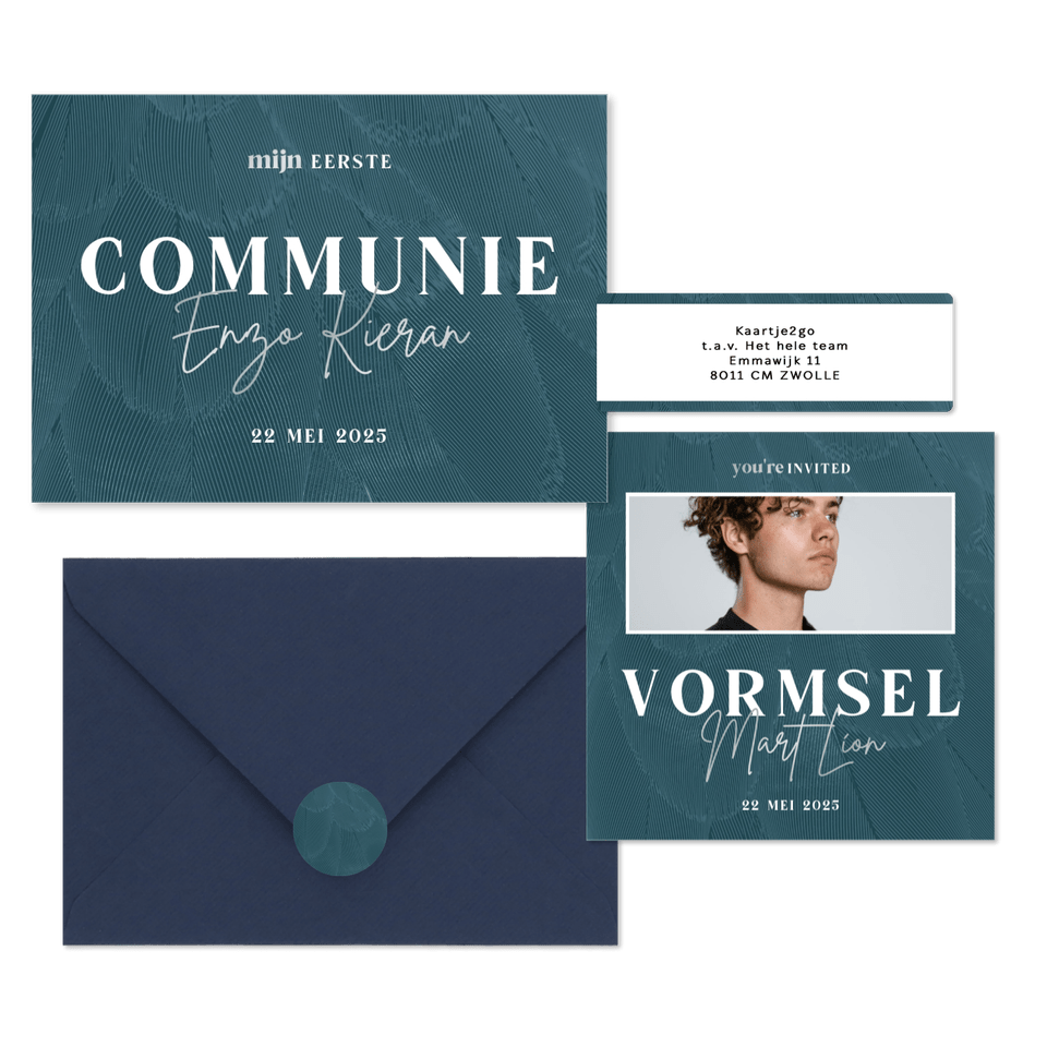 Communieset blauw stijlvol met veren