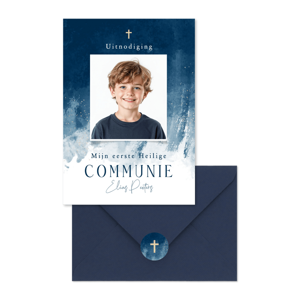 Communiekaarten waterverf blauw stijlvol jongen