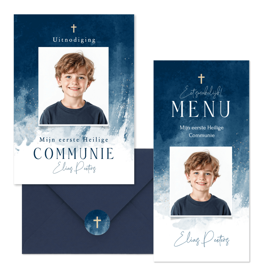 Communiekaarten waterverf blauw stijlvol jongen