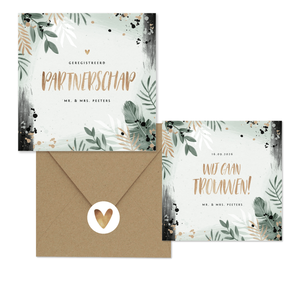 Trendy trouwset botanisch goud met waterverf