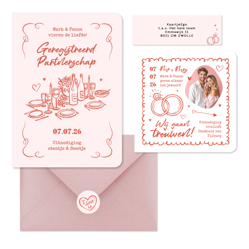 Trouwkaarten hip romantisch doodle illustraties roze