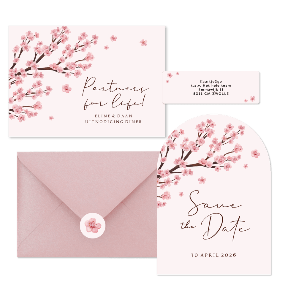 Trouwkaarten set kersenbloesem lente romantisch