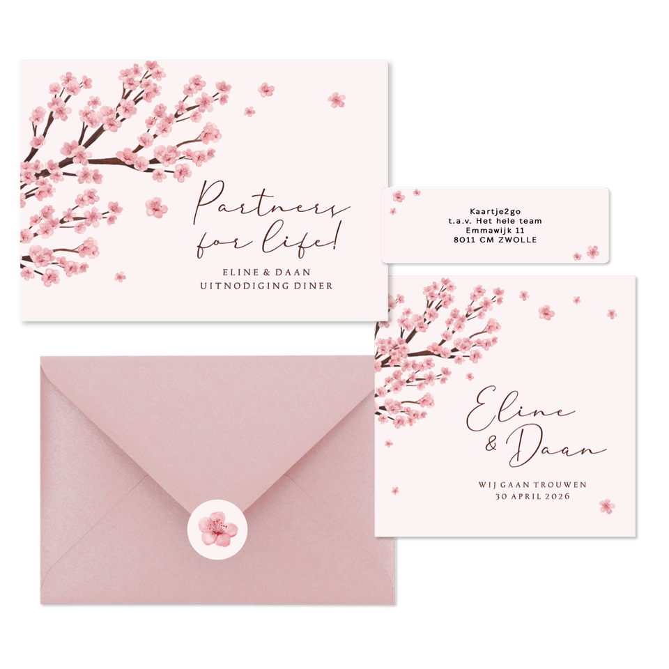 Trouwkaarten set kersenbloesem lente romantisch