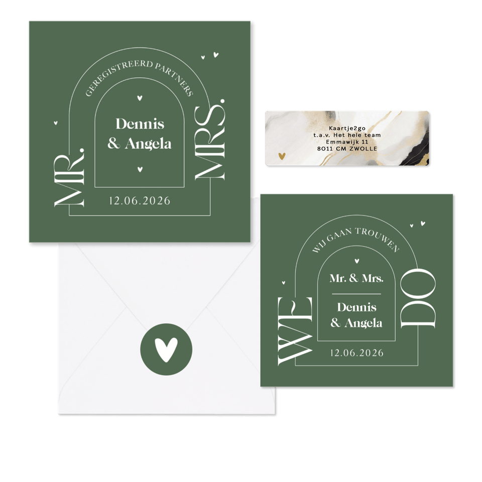 Trouwset grafisch olijfgroen boog hartjes